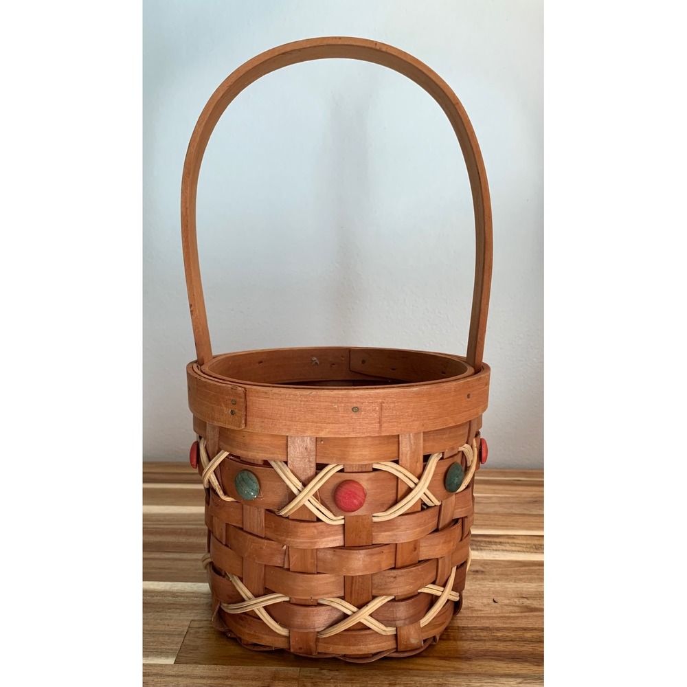 Vintage Woven Wood Basket with Handle Beaded Rustic Decor farmouse